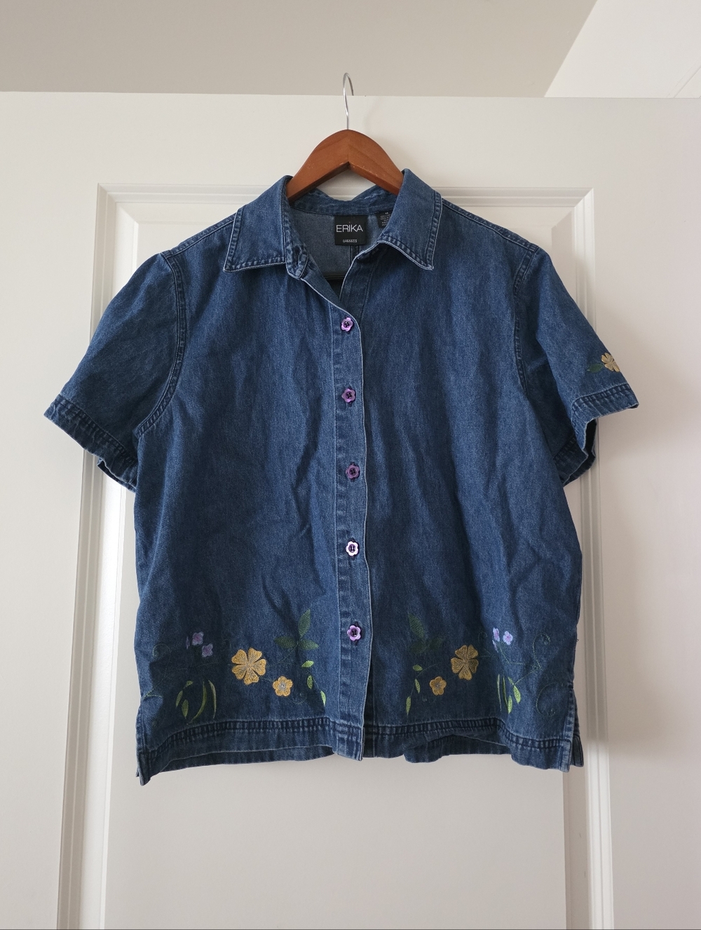 Vintage 90s Denim Embroidered Floral Button Up Shirt Womns M Erika  Cottage Core
